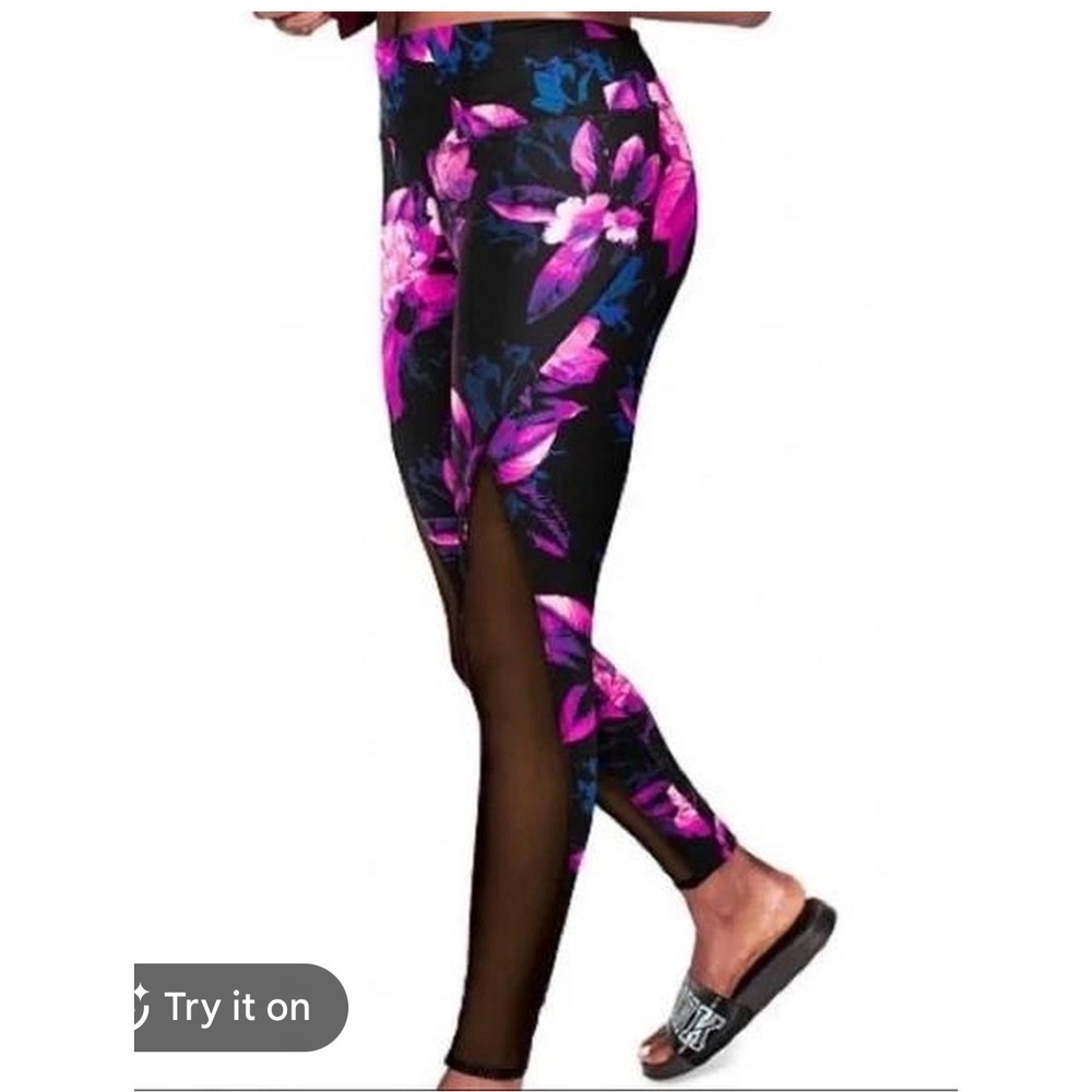 PINK Victoria's Secret Ultimate Floral Mesh Panel Leggings Black Purple Small